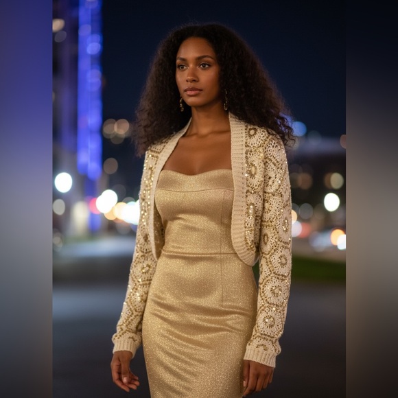 White House Black Market Sweaters - LN White House Black Market Cropped Embroidered Knit Sequin Open Cardigan Y2K